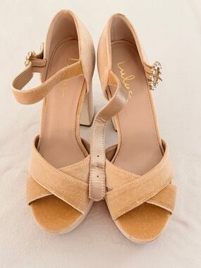 Lulu's Nude Velvet Block Heel Sandals with Crystal Buckle